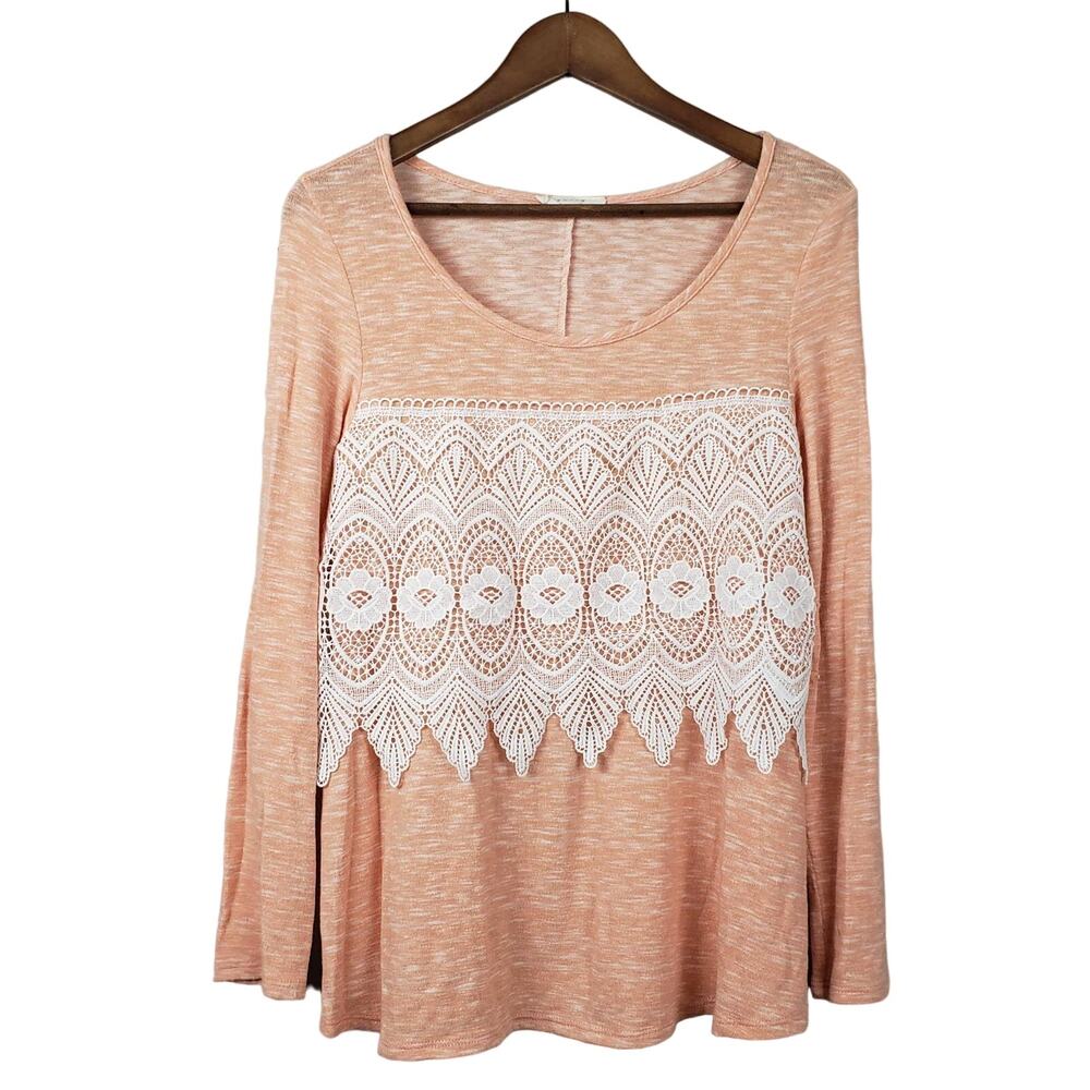 Entro Crochet Trim Top Long Sleeve Jersey Knit Peach White Grandma Scoop Neck- M